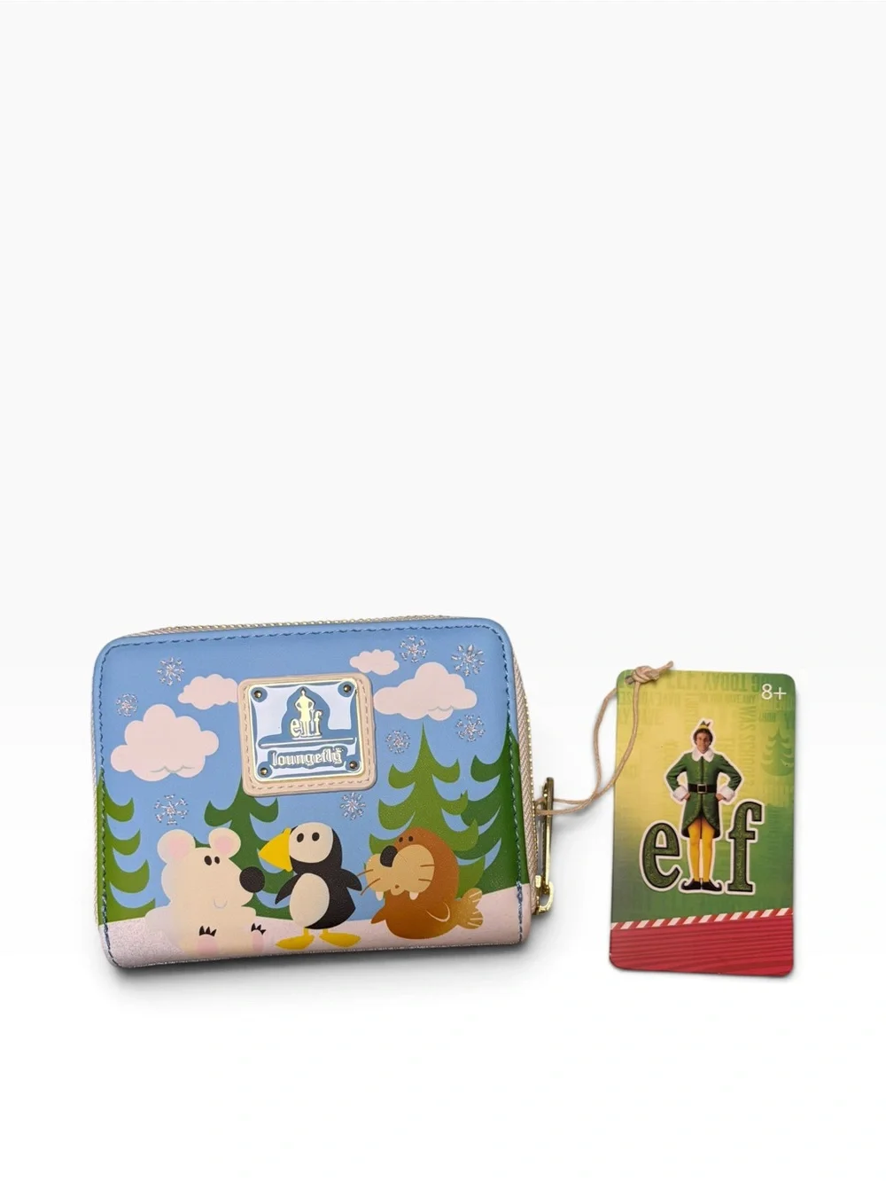 Loungefly Elf Buddy Blue Holiday Winter Zip Around Wallet with Forest Friends